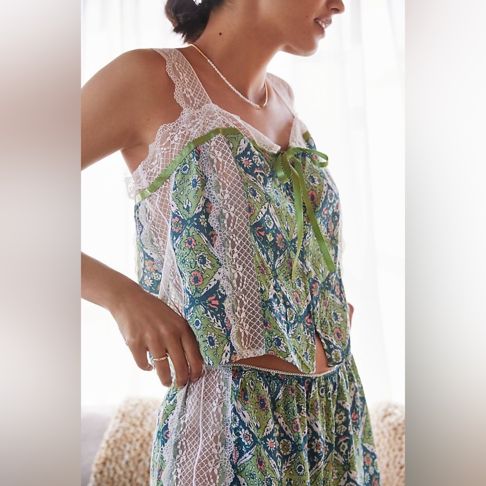 Anthropologie Green and White Lace Pajama Set